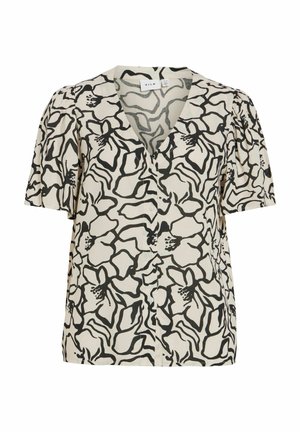 Lühikeste varrukatega kreemikas pluus musta abstraktse lillemustriga, V-kaelusega, nööpidega ees ja kergelt paftunud varrukatega.