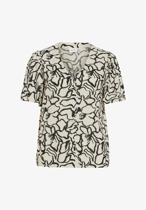 Rövid ujjú krémszínű blúz fekete absztrakt virágmintával, V-nyakkivágással, gombos elülső résszel és enyhén felfújt ujjal.