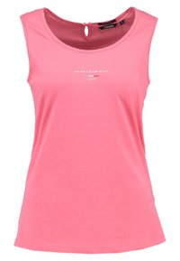Haut rose sans manches pour femme avec un col rond, petite fermeture bouton en forme de trou de serrure au dos, et texte blanc « Les étés à la Côte d'Azur » à l'avant.