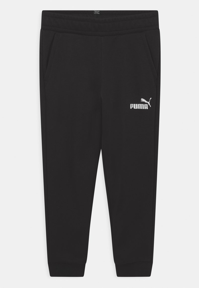 Pantalones de chándal negros de tejido suave, con cinturilla elástica, bolsillos laterales y un logo blanco de Puma en el lado izquierdo.