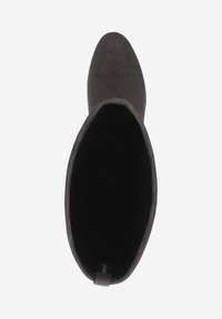 Graue Wildleder-Stiefelette mit abgerundeter Zehenpartie und glatter Oberfläche. Das Innere ist schwarz und zeichnet sich durch ein minimalistisches Design aus. Keine sichtbare Hardware.