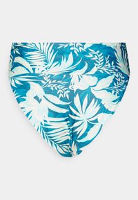 Parte de baixo de biquíni de cintura alta em tecido azul com padrão floral tropical em branco e azul claro. Textura suave, material elástico.