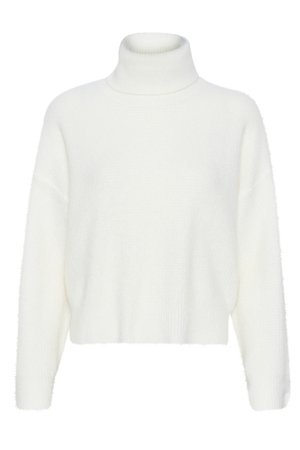Bela pletena turtleneck pulover s mehko, teksturirano površino, skrajšano zasnovo in dolgimi rokavi. Enakomerno razporejena rebra po celotni dolžini.