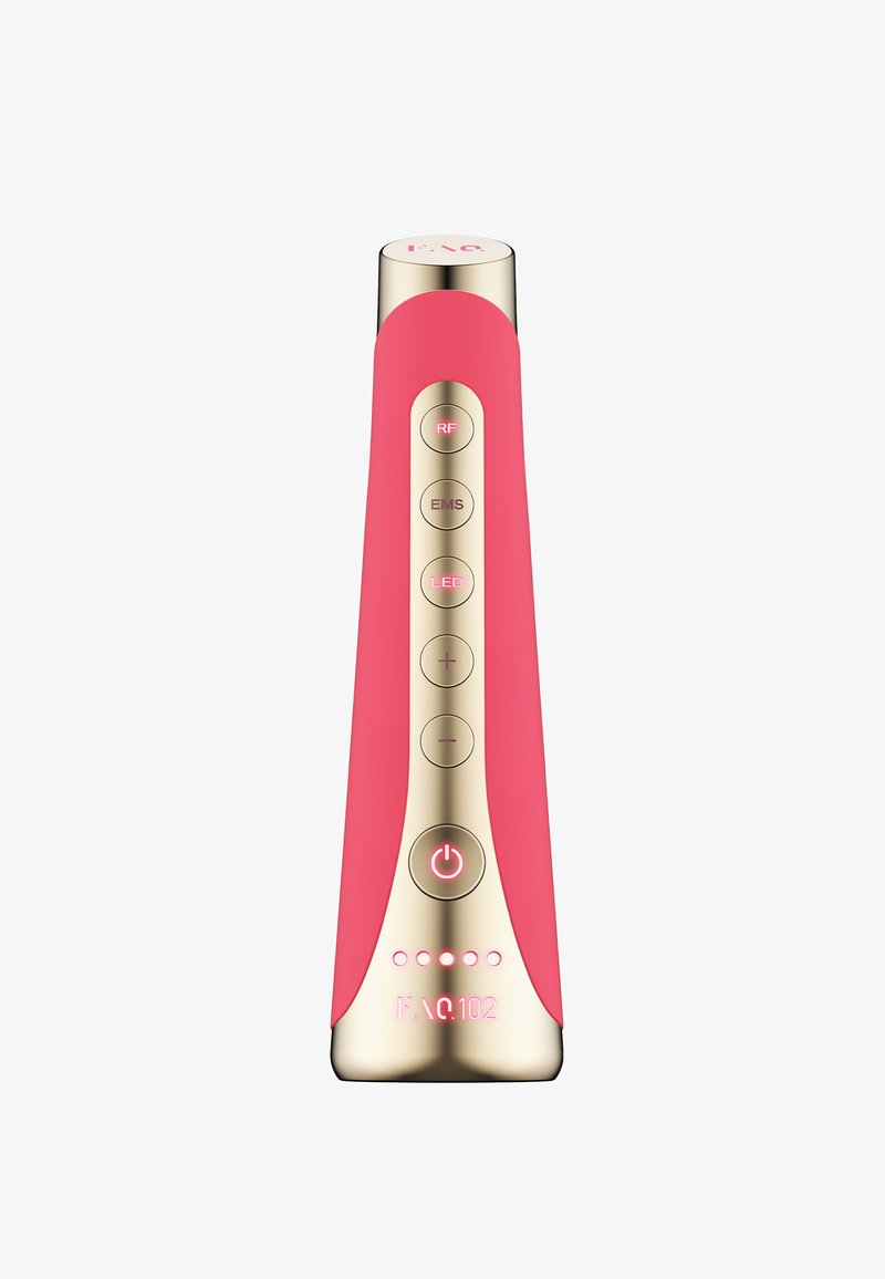 Rosa ergonomisches Gerät mit einem goldenen Metallakzent, Steuerknöpfen für RF, EMS, LED und einem Einschaltknopf, das ein schlankes Design und einen strukturierten Griff aufweist.