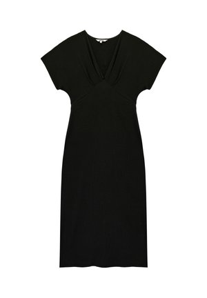 Abito nero lungo fino al ginocchio realizzato in tessuto strutturato, con maniche corte a mantella e scollo a V incrociato.