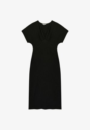 Schwarzes knielanges Kleid aus strukturiertem Stoff, mit kurzen Kappenärmeln und einem V-förmigen Ausschnitt mit Überlappungsdesign.
