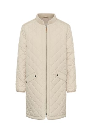 Manteau matelassé beige avec col côtelé, fermeture éclair avant et deux poches plaquées à rabat avec boutons-pression. Présente une coupe décontractée et une longueur jusqu'aux genoux.