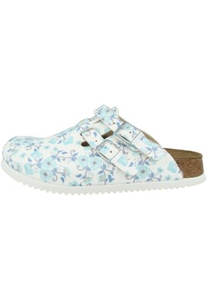 White floral clogs with a blue pattern, featuring two adjustable silver buckles, a textured cork footbed, and a white rubber sole.