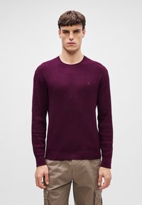 Burgunderfarbener Strickpullover mit Rundhalsausschnitt, strukturiertem Muster und Emblemdetail, kombiniert mit beigen Cargo-Hosen.