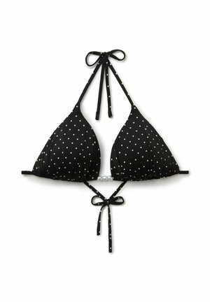 Czarny trójkątny top od bikini w białe groszki, z wiązaniem na szyi i troczkiem z przodu z perłową ozdobą.