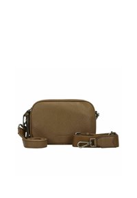 Borsa a tracolla in pelle marrone con finitura testurizzata, chiusura con zip e tracolla regolabile. Presenta hardware in argento e un discreto logo.