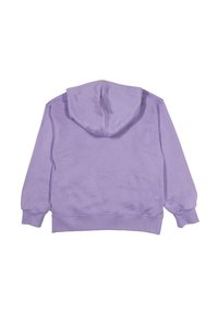 Felpa color lavanda stesa, che mostra il retro, con maniche lunghe e cappuccio, su uno sfondo bianco.