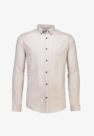 Jasno-beżowa, długorękawowa koszula zapinana na guziki, wykonana z miękkiego materiału, z klasycznym kołnierzykiem, przednimi guzikami i prostym dołem.