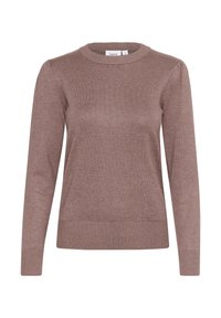 Brown knitted sweater with long sleeves, a round neck, and ribbed cuffs and hem. Smooth texture with subtle sheen. Classic, fitted style.