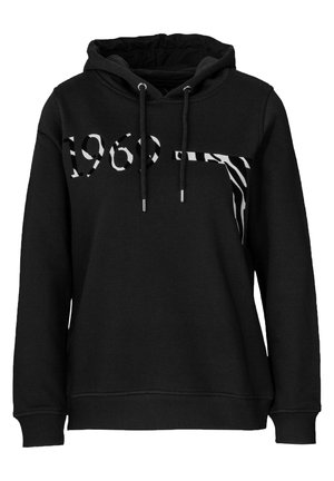 Sweat à capuche noir avec cordons et chiffres 1969 à rayures zébrées blanches imprimés sur la poitrine et le côté supérieur gauche.