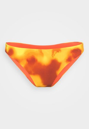 Dół bikini z prążkowanego materiału, w gradientzie żółtego i pomarańczowego z ciemniejszymi plamkami oraz pomarańczowym wykończeniem na brzegach.
