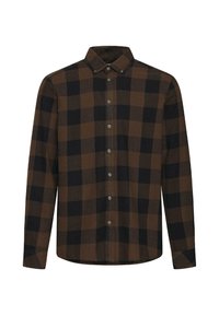 Bruine en zwarte geblokte langwerpige blouse met lange mouwen, gemaakt van een geborsteld stof, met een puntkraag en knoopsluiting aan de voorkant.