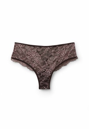 Slip in pizzo marrone scuro con un motivo floreale rosa. Presenta un bordo a scallop e una vita elastica per il comfort. Tessuto leggero e trasparente.