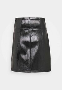 Black faux leather mini skirt featuring a glossy finish, structured seams, and a straight silhouette with a hem that sits above the knee.