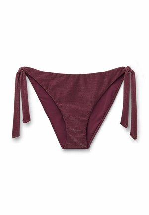 Braguitas de bikini granates con un ligero brillo y lazos ajustables en los laterales sobre un fondo blanco.