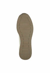 Suola di una scarpa, gomma marrone chiaro con motivi di battistrada lineari e scanalature. Taglia "37" impressa vicino al tallone.