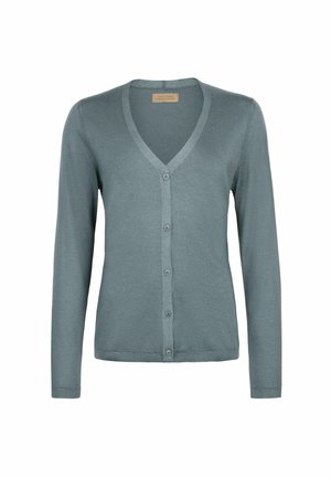 Cardigan bleu clair avec encolure en V, manches longues et fermeture à six boutons. Fabriqué en matériau doux et léger avec des accents côtelés le long des bords.