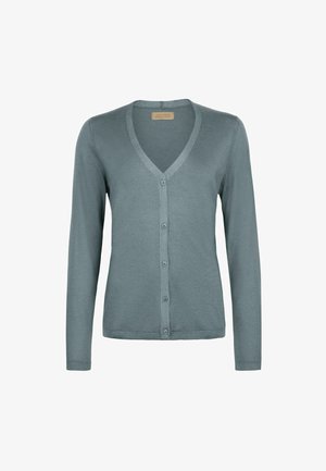 Cardigan bleu clair avec encolure en V, manches longues et fermeture à six boutons. Fabriqué en matériau doux et léger avec des accents côtelés le long des bords.