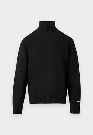 Black turtleneck sweater made of soft knit fabric, featuring a ribbed collar and hem, with a small logo detail on the sleeve.