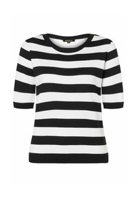 Black and white striped short-sleeve sweater with a round neckline. Made from a soft, textured knit fabric. Horizontal stripes of equal width.