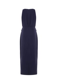 Navy sleeveless dress with a fitted silhouette, back zipper, and a V-shaped back design. Smooth texture and knee-length hem.