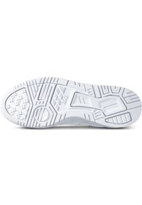 Suola di scarpa sportiva bianca con un design in gomma testurizzata, modelli striati e scanalature distintive per una migliore aderenza.