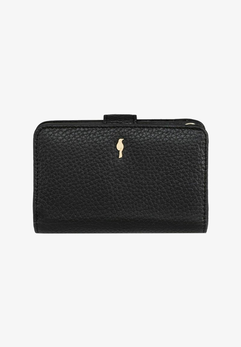 Czarny portfel z teksturowanej skóry z złotym emblematem ptaka umieszczonym na środku przedniej strony i zatrzaskiem na górze.