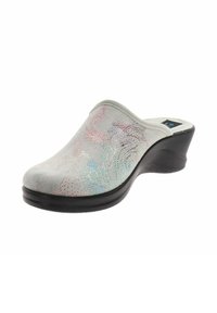 Zoccoli slip-on grigio chiaro con superficie testurizzata, caratterizzati da un design a pattern in colori iridescenti e un tacco a cuneo nero di media altezza.