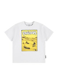 Hvid bomulds t-shirt med et gult grafisk tryk af en skateboarder og teksten "FRIHED" i sort, med korte ærmer og rund hals.