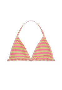 Biely a žltý pruhovaný bikiny top s trojuholníkovým dizajnom, tenkými zaväzovacími ramenami a nastaviteľným kovovým zapínaním na chrbte.