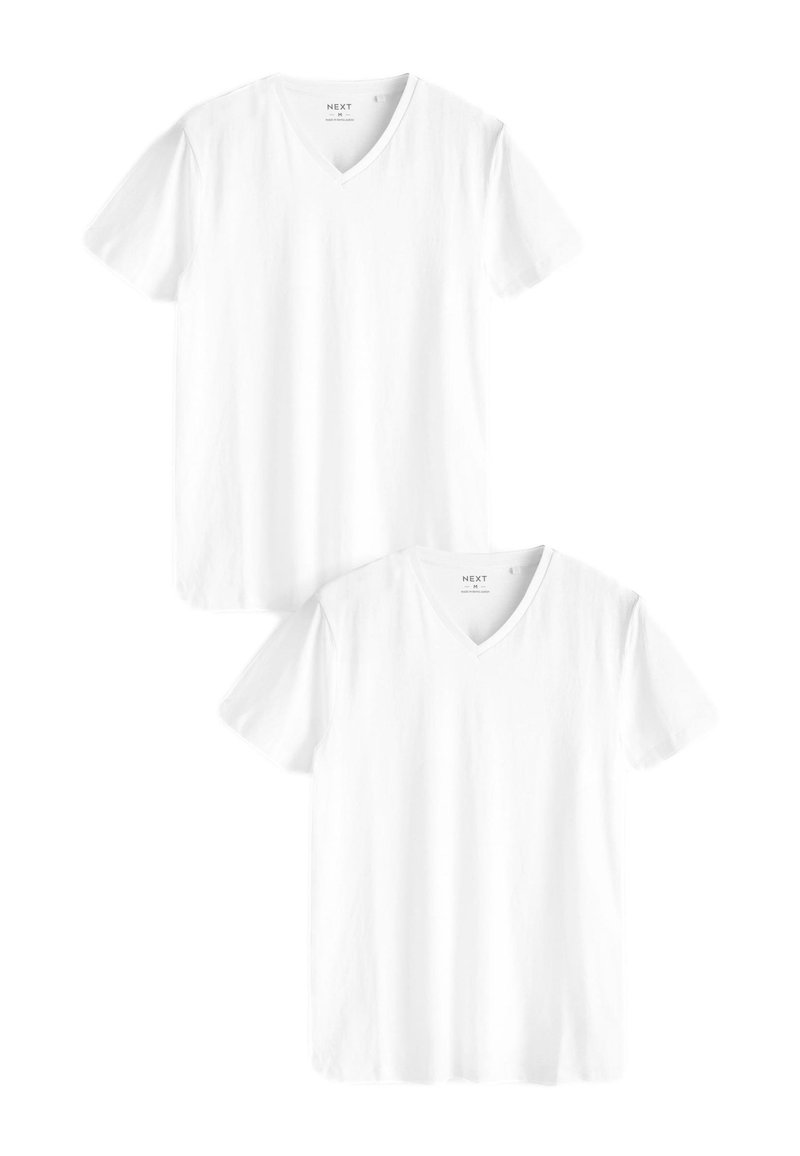 T-shirt bianche con scollo a V, materiale in cotone morbido, maniche corte, confezione da due, design semplice, senza motivi o accenti, vestibilità standard e comoda.