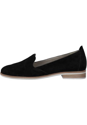 Sort loafers i ruskind med lav, stablet træhæl og hvid sålkant.