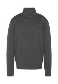 Maglione a collo alto grigio scuro a maniche lunghe con polsini e orlo a costine, dotato di un piccolo logo in rilievo sul lato sinistro del petto.