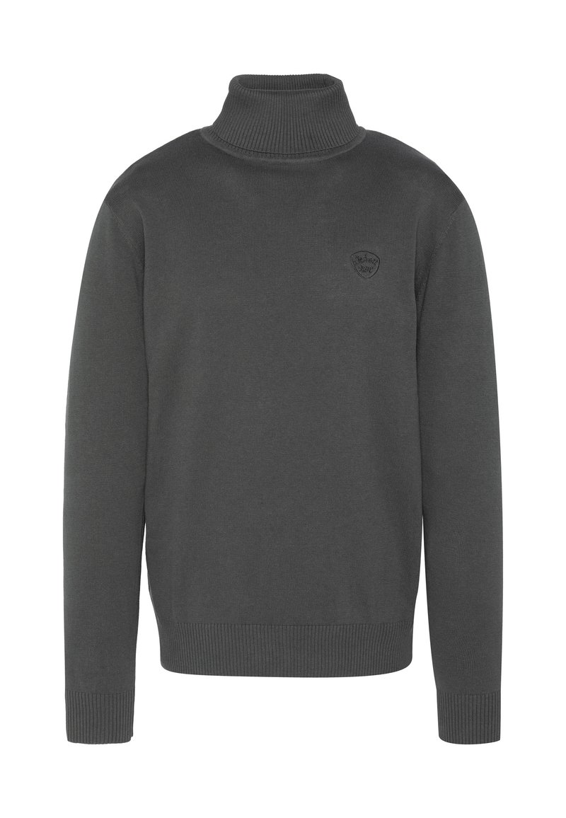 Maglione a collo alto grigio scuro a maniche lunghe con polsini e orlo a costine, dotato di un piccolo logo in rilievo sul lato sinistro del petto.