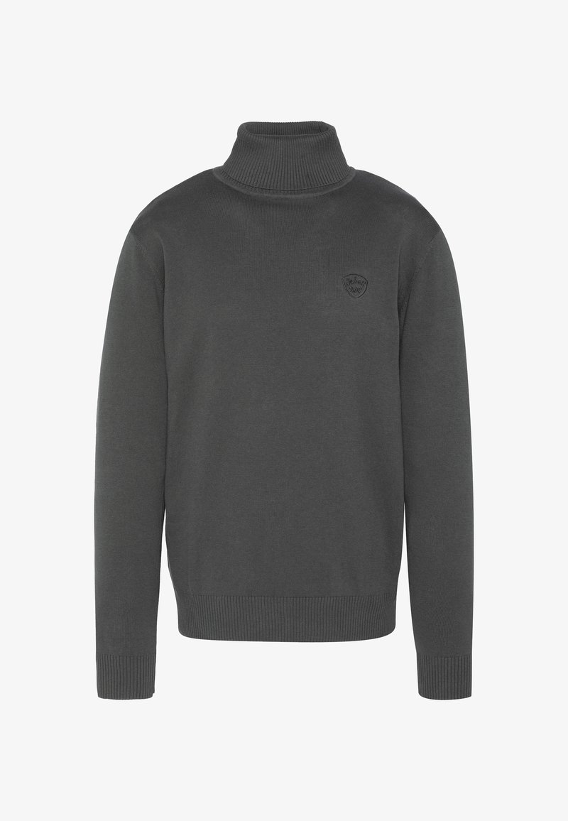 Dunkelgrauer langärmeliger Rollkragenpullover mit gerippten Bündchen und Saum, ausgestattet mit einem kleinen prägenden Logo auf der linken Brust.