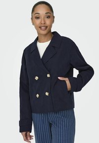 Giacca doppiopetto blu navy con bottoni dorati, caratterizzata da un colletto rigido e tasche laterali, abbinata a pantaloni a righe blu.