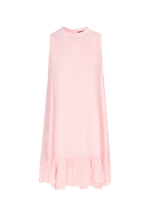 Väriharmaa toppi ilman hihoja, jossa on teksturoitu pallokuvio, valekorkeakaulus ja liehuva hame, jossa on röyhelöhelma. Kevyt kangas.