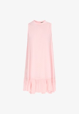 Ärmelloses pinkes Kleid mit einem strukturierten Punkte-Muster, einem Mock-Neck-Kragen und einem ausgestellt Rock mit einem Rüschensaum. Leichter Stoff.