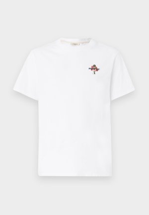 Weißes Baumwoll-T-Shirt mit einem kleinen, bunten Blumen- und Textgrafik im linken Brustbereich. Rundhalsausschnitt und kurze Ärmel.