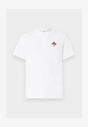 White cotton t-shirt featuring a small, colorful floral and text graphic on the left chest area. Crew neck and short sleeves.