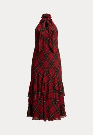 Κόκκινο καρό φόρεμα με λαιμόκοψη halter, βολάν στο τελείωμα και πράσινες και κίτρινες λεπτομέρειες, με ροή στο σχέδιο και ελαφρύ ύφασμα.