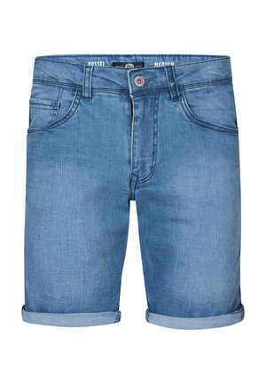 Pantalones cortos de mezclilla en azul claro, con dobladillo enrollado, cinco bolsillos y cierre de botón. Hechos de una tela suave con una textura sutil.