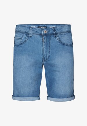 Hellblaue Denim-Shorts mit umgeschlagenem Saum, fünf Taschen und einer Knopfleiste. Hergestellt aus weichem Stoff mit dezentem Textur.