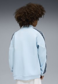 Ljusblå sweatshirtjacka med hög krage, mönstrade sidobanor och ribbade ärmslut. Har en avslappnad passform och mjuk textur.