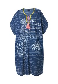 Tunique bleu marine avec des motifs de vagues blanches, illustration de sirène et graphique de soleil. Accentuée d'un col orné de perles jaunes et d'une frange rose.